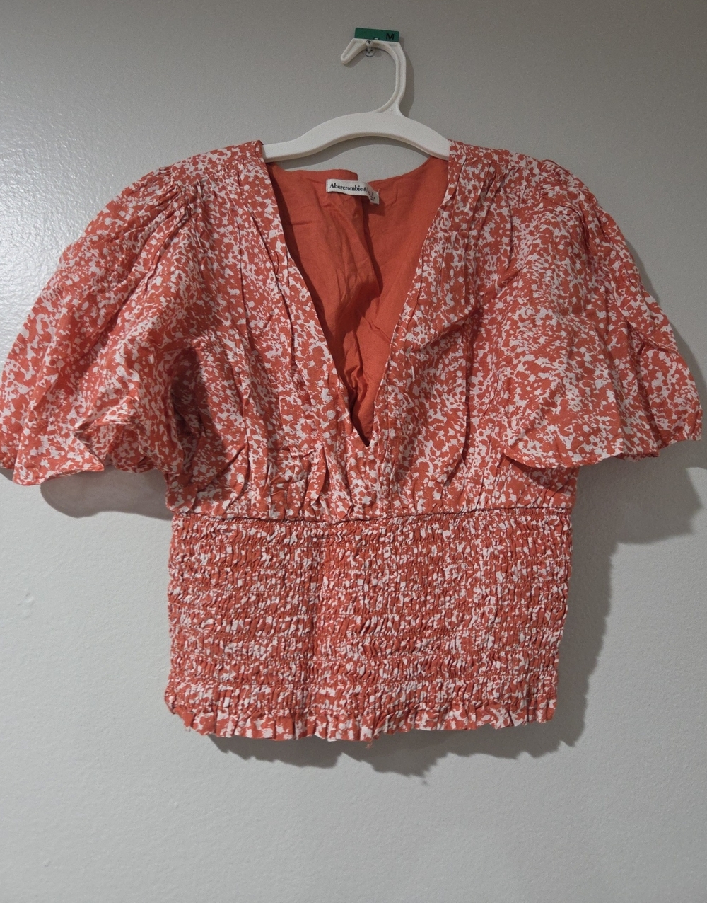 Abercrombie & Fitch Coral White Floral Smocked V-Neck Blouse